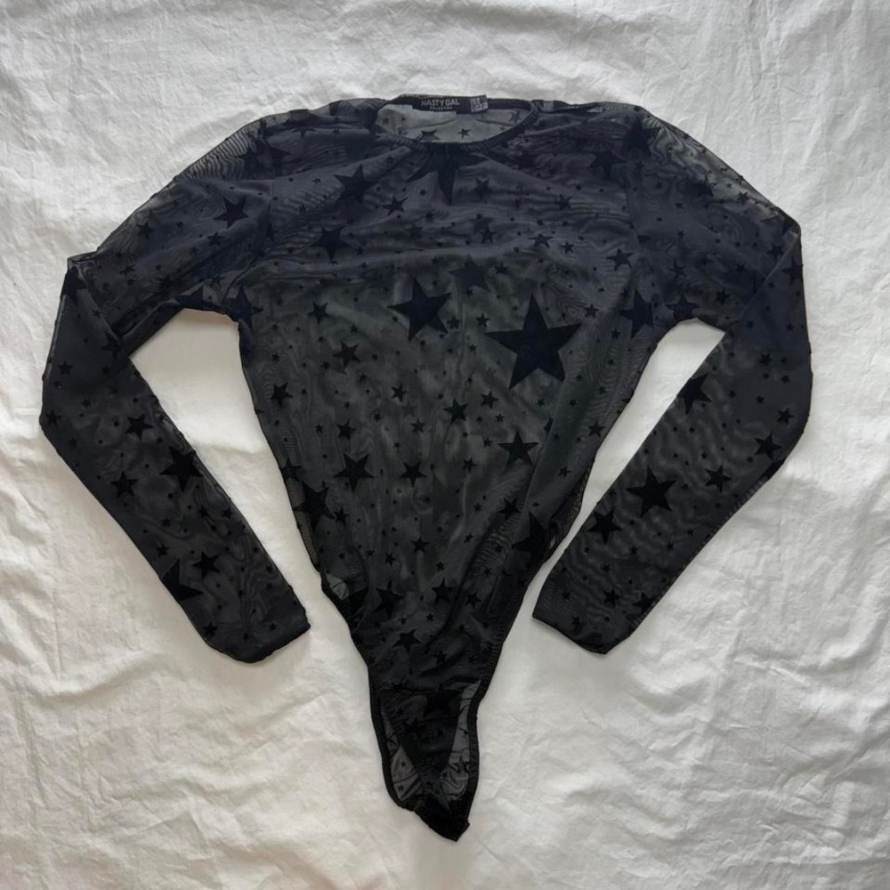Nasty Gal Black Sheer Star-Print Long Sleeve Bodysuit
